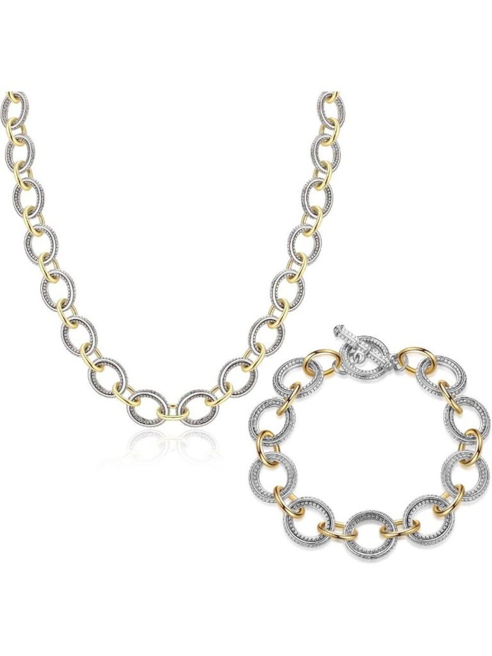 Two Tone Necklace for Women Mixed Metal Bracelet Set Statement Link Chain Gold